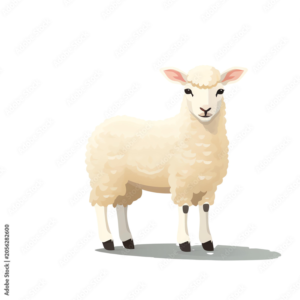 Fototapeta premium Cute fluffy white sheep standing full body farm animal illustration