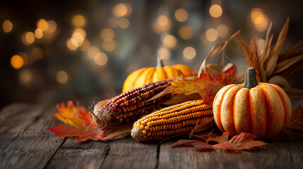 a brown wooden table is adorned with pumpkins, gourds, and corn. a crate lantern is surrounded by autumn fruits against an old, dark brown background with glowing candles and fairy lights, creating a 