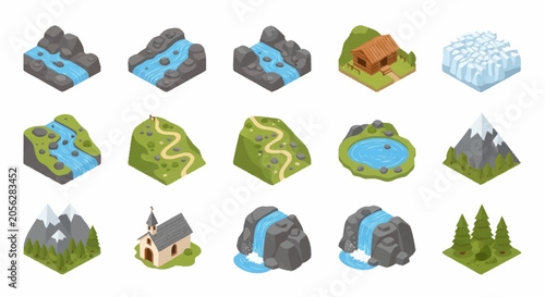 Collection of isometric landscape elements including mountains, rivers, waterfalls, forests, and buildings.