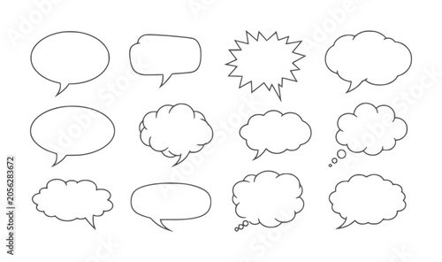 Collection of twelve diverse comic speech bubble outlines white talk thought