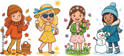 Cute Cartoon Girls Representing Four Seasons Vector Illustration Set with Spring, Summer, Autumn, and Winter Seasonal Outfits and Activities Outlines
