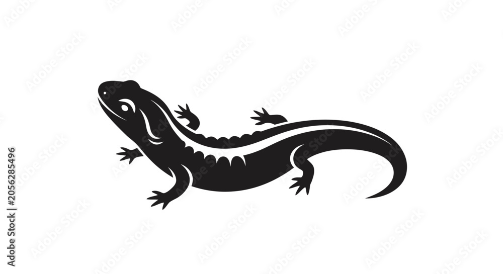 Fototapeta premium Stylized black silhouette of a salamander or newt, a small amphibian, on a clean white background, representing wildlife.