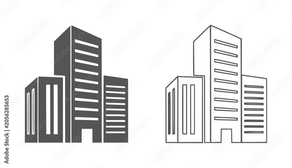 Fototapeta premium Two stylized building one solid gray one outline architecture city urban