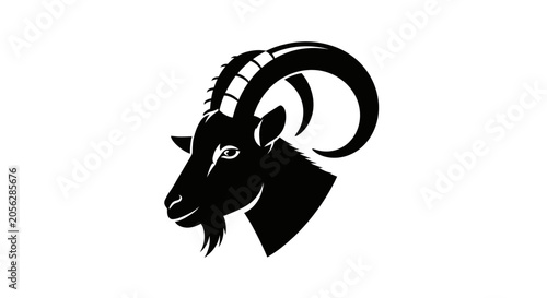 Striking black silhouette illustration of a goat's head with large, curved horns, depicted in profile against a white background.