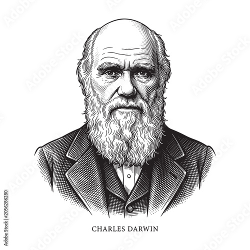 Fotografía Charles Darwin Portrait Illustration, Vintage Detailed British Naturalist Engrav