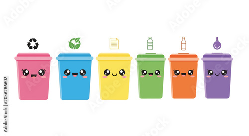 Quadro su tela Cute Recycling Bins with Faces for Waste Sorting