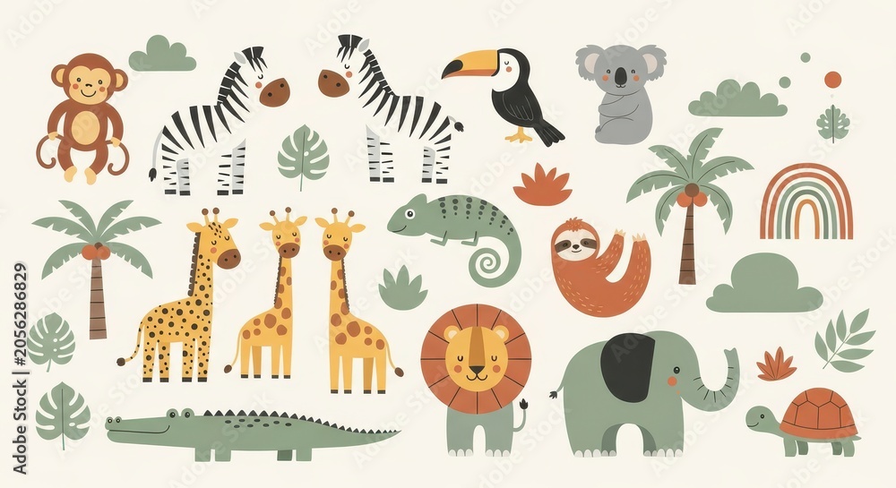 Fototapeta premium Cute Safari and Jungle Animal Collection with Lion Elephant Giraffe Zebra and Tropical Leaves for Kids Nursery Decor