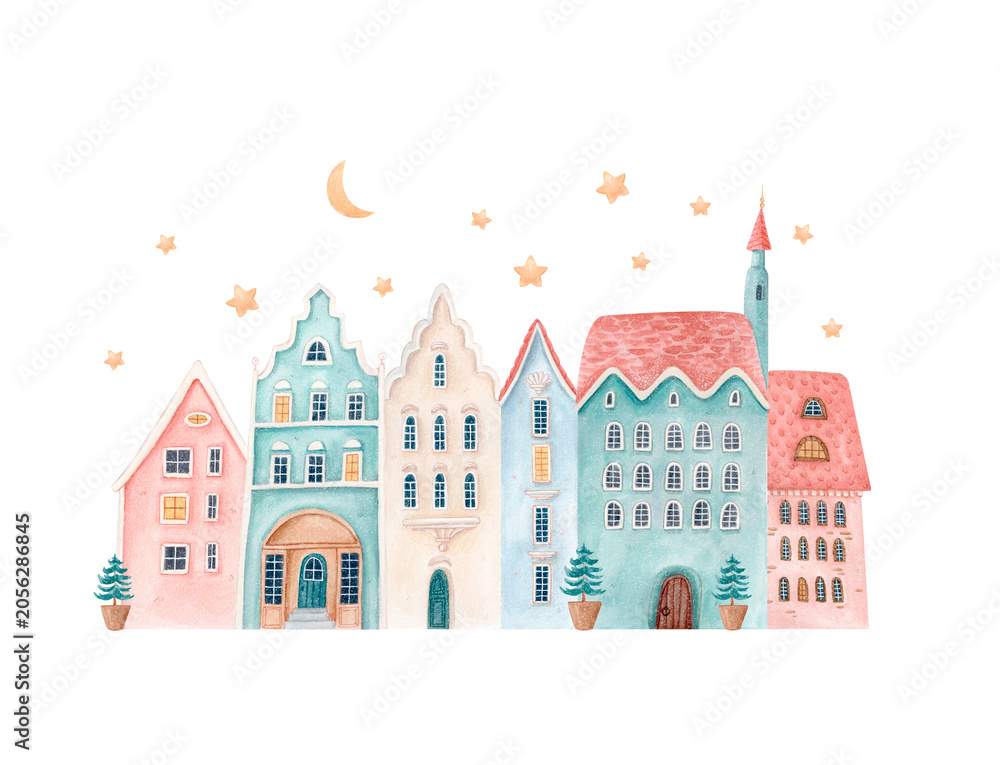 Fototapeta premium Watercolor fairytale Christmas houses with moon and stars. Hand drawn isolated holiday illustration of winter fantasy town in pastel tones for greeting cards, packaging, invitations, festive branding
