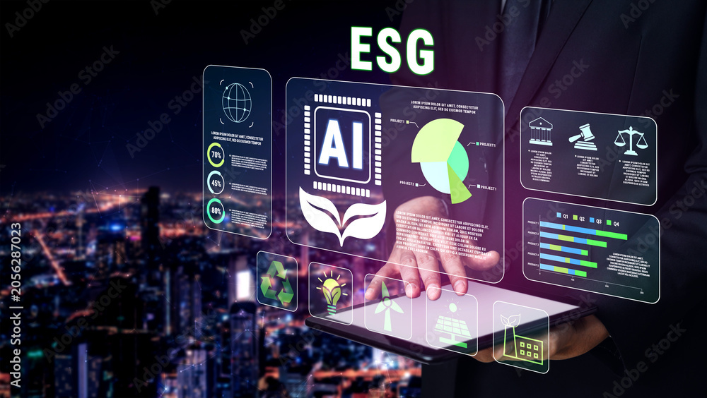 Obraz premium Business Professional Analyzing ESG Data with Digital AI Interface in Urban Nightscape Quark.
