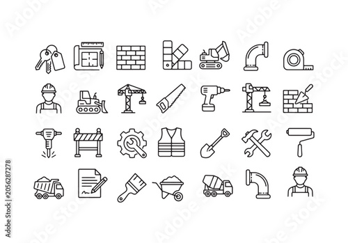 Construction and Building Tools Outline Icon Set for Architecture