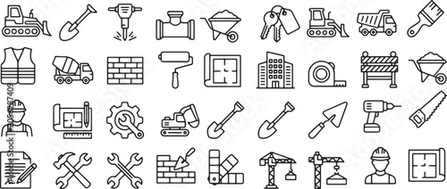 Construction Equipment and Tools Bold Outline Icon Set for Building