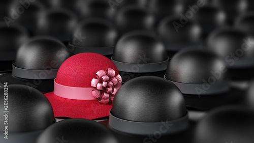 Photos Pink women's hat stands out between black ones. 3D illustration