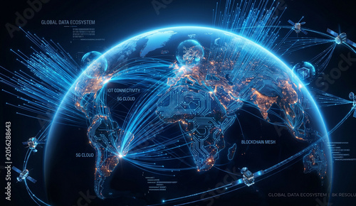 Ultra-detailed view  Earth from space illuminated by global digital connectivity. Bright blue fiber-optic data streams radiate outward from  planet’s surface, representing high-speed internet