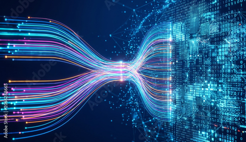 Futuristic artificial intelligence and big data visualization showing multiple streams of glowing multicolored data lines converging and transforming into a massive digital