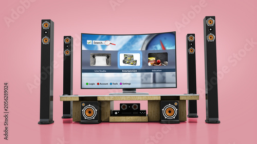 Obraz na plátně Home theater system with subwoofers, speakers and blu-ray player
