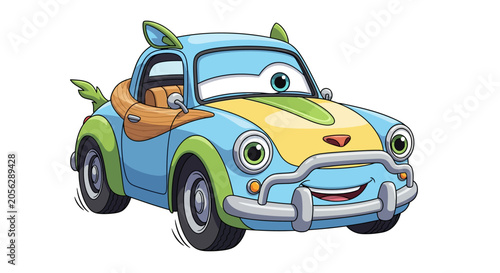 Happy Cartoon Car Character with Wings and Ears, Cute Blue Vehicle Icon
