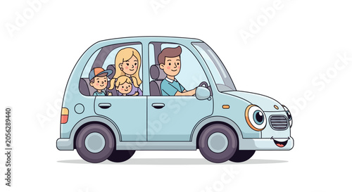 Happy cartoon family road trip in a light blue car on white background