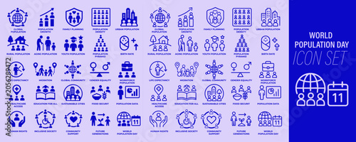 Obraz na plátně World population day icon set with demographic statistics, census data and commu