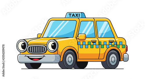 Happy Yellow Cartoon Taxi Car with Googly Eyes and Smiling Face on White Background
