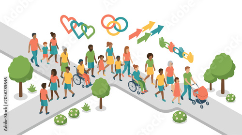 Diverse Community Walking Together in an Inclusive Park with Accessibility Icons
