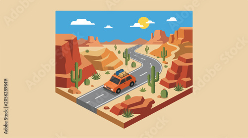 Desert Road Trip Isometric Illustration for Travel Adventure and Vacation Design