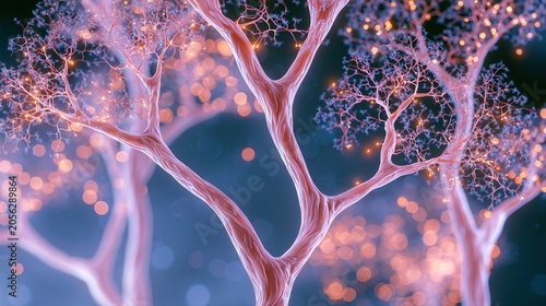 Neurones illuminés avec synapses brillantes dans un réseau neural rosé