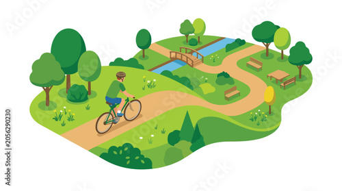 Cycling Trail in Isometric Park Scene for Recreation Route Design with Rider Trees Bridge and Stream
