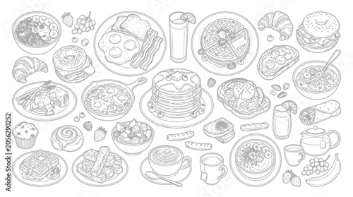 Εκτύπωση καμβά A delightful assortment of breakfast foods and drinks, hand-drawn in a charming line art style