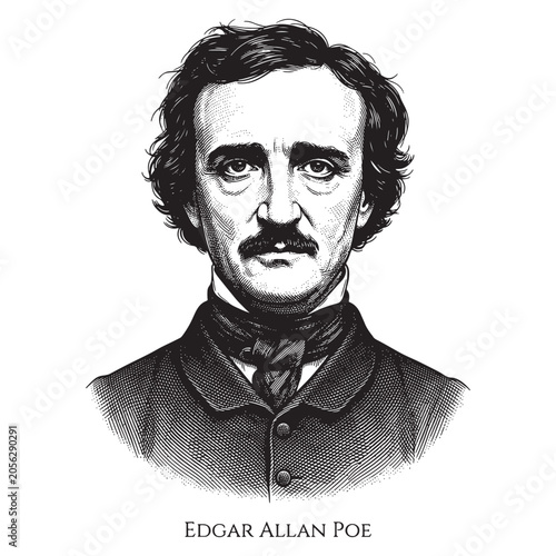 Schilderij op canvas Edgar Allan Poe Portrait, Detailed Vintage Engraving of American Gothic Poet