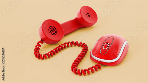 Foto Phone receiver attached to mouse. 3D illustration
