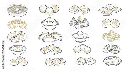 Photos Collection of Indian Sweets and Desserts in a Simple Line Art Style