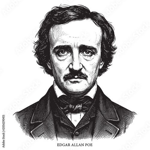 Fotografie Edgar Allan Poe Portrait, Detailed Vintage Engraving of American Gothic Poet