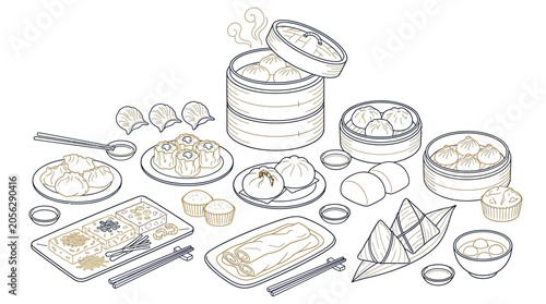 Obraz na płótnie A delightful assortment of traditional Chinese dim sum dishes, presented in a charming hand-drawn illustration style