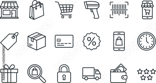 Konstfotografi Shopping and ecommerce store line icon set with retail market cart delivery truc