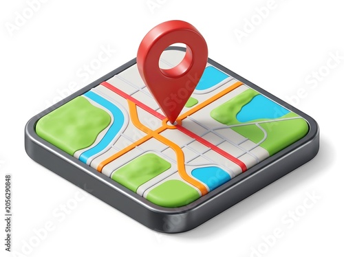 
3D isometric city map with red location pin pointer and GPS navigation concept isolated on white background