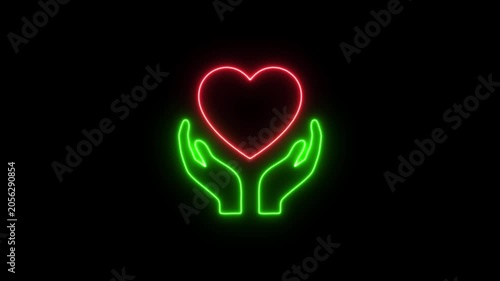 Glowing Neon Hands and Heart Icon. Green Neon Hands Holding Heart Symbol Animation on Black Background.