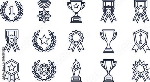 Foto Award trophy and medal line icon set with champion prize laurel wreath rewards f