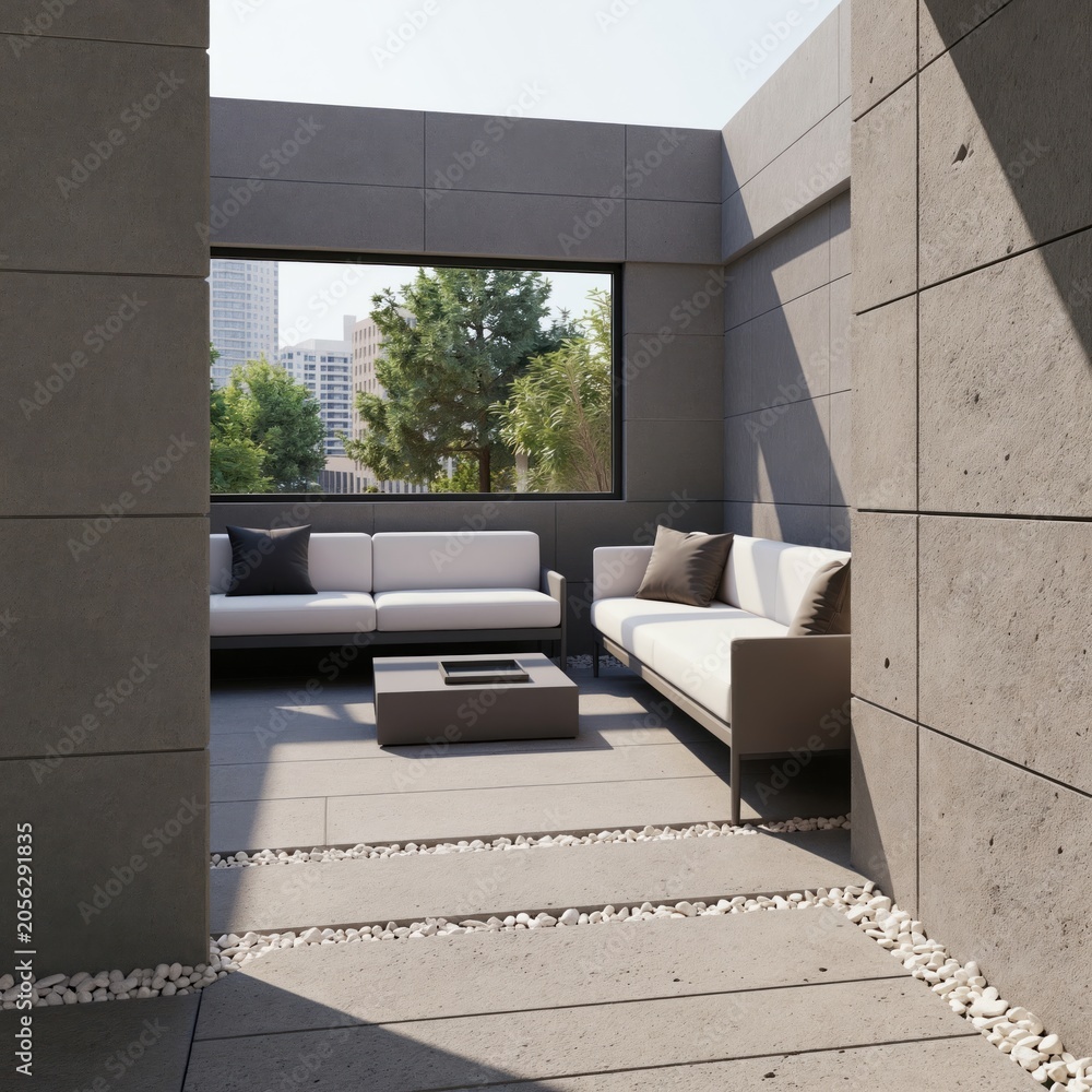 Fototapeta premium Modern balcony with white sofas and coffee table overlooks cityscape and green trees. Minimalist outdoor living space with grey tiled walls and floor, city view window.