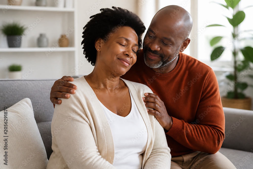 Obraz premium A middle-aged couple is embracing and smiling while sitting on a modern sofa indoors.