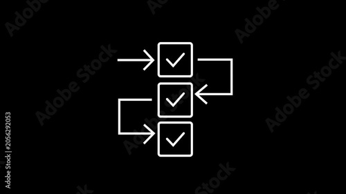 White procedural checklist box array with arrows flow loop animation, indicating project milestone completion, task manager fulfillment,and business operational efficiency dashboard.