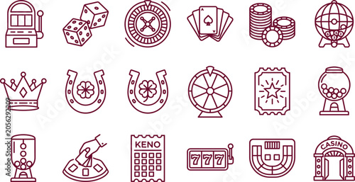 Foto Casino gambling and lottery line icon set with slot machine roulette dice poker