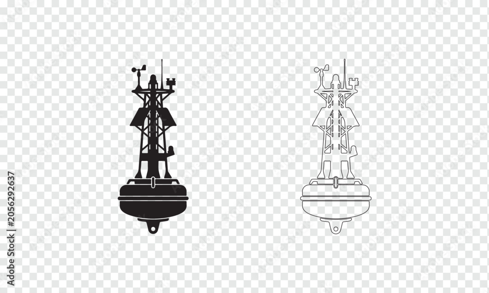 Fototapeta premium Marine navigation and weather monitoring buoy for oceanography, vector line and silhouette icon