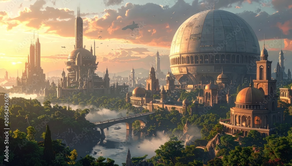 Fototapeta premium A sprawling, futuristic city at sunset, blending classical architecture with high-tech elements