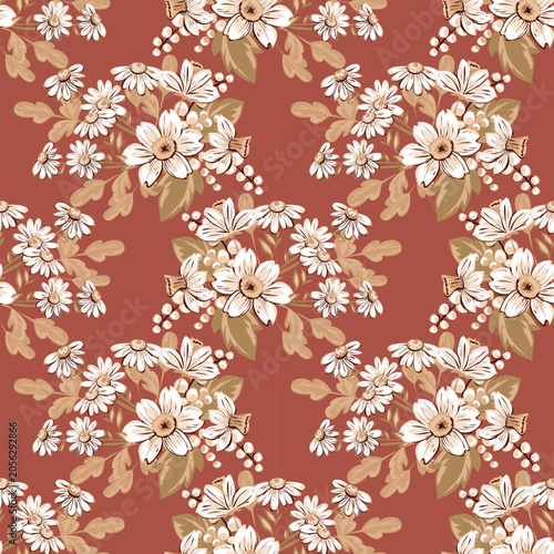 Printfloral pattern on a red background.Seamless floral pattern with white flowers on a reddish-brown background