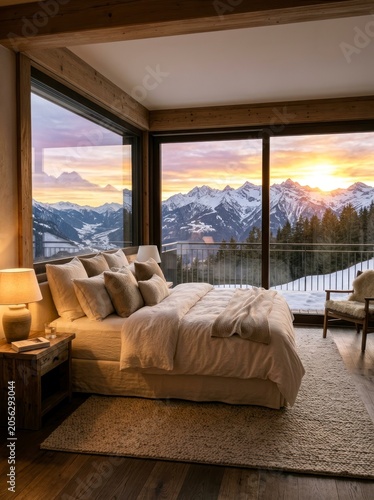 Cozy bedroom with mountain view, sunset over snowy peaks.