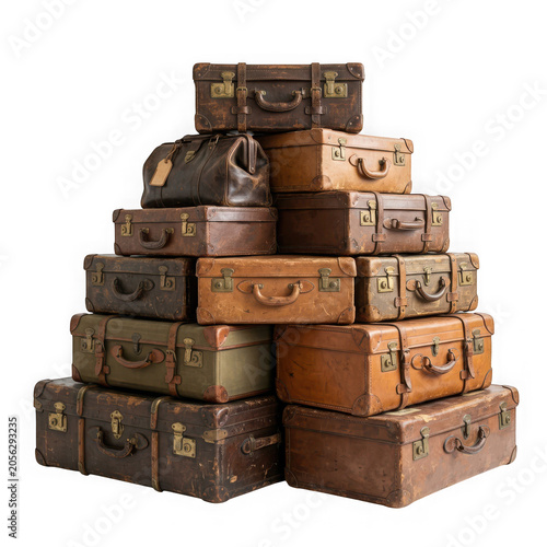Stack of vintage leather suitcases and travel bags of various sizes and colors isolated on transparent background
