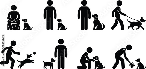 Foto Dog training and care icons set with stick figures walking playing fetching ball