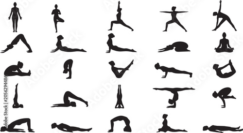 Set of women silhouettes doing yoga and fitness exercises vector illustration icons
