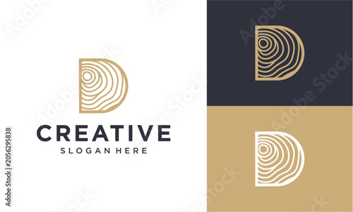 Minimalist letter D logo design featuring organic wood grain and annual tree ring patterns for lumber or furniture branding identity