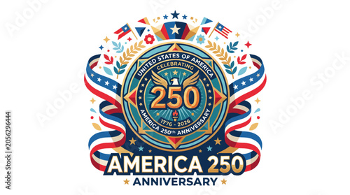 Celebrate America 250 Anniversary with patriotic symbols and festive ribbons in a vibrant graphic design